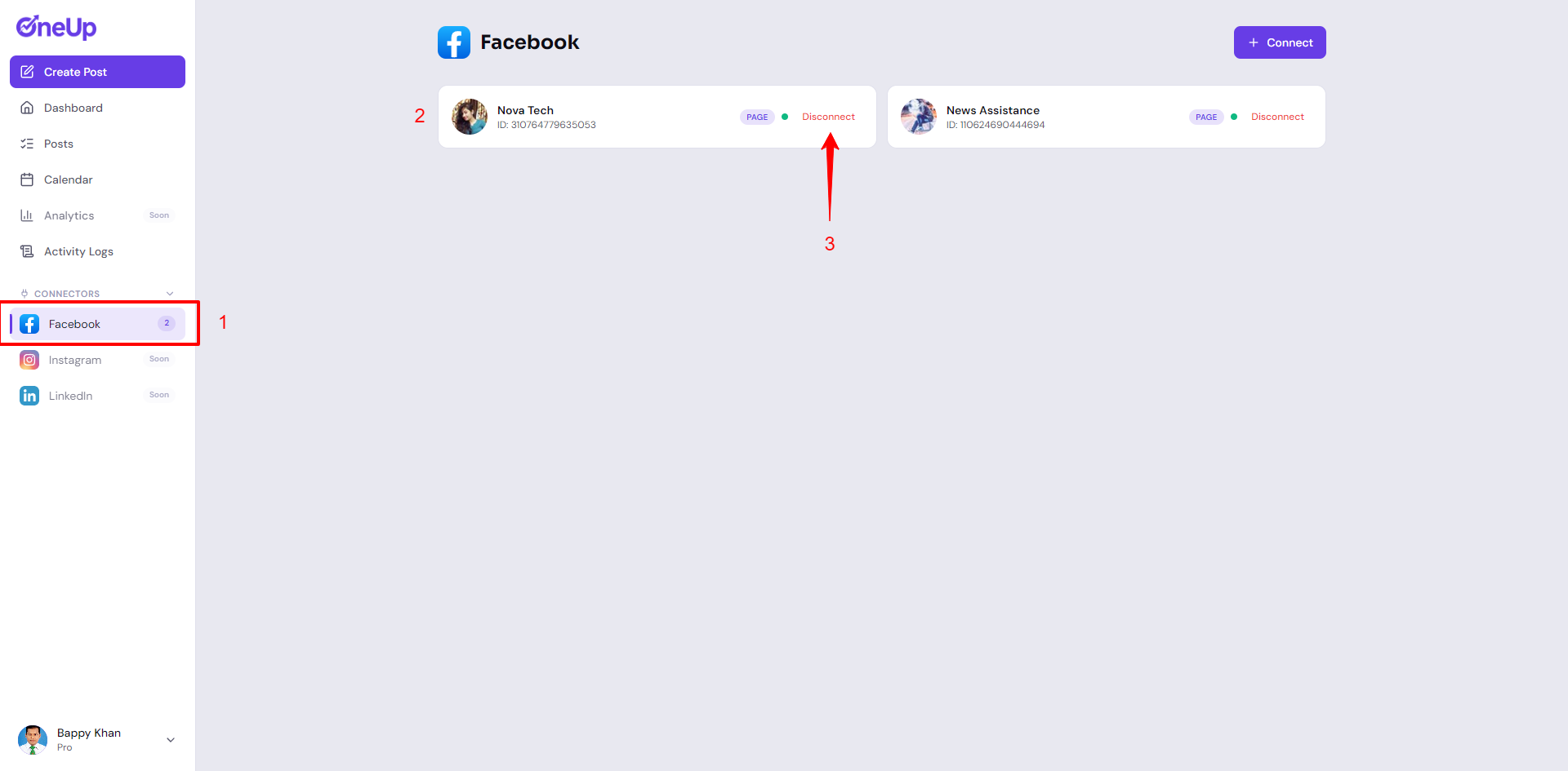 Facebook connector page in OneUpFeed with the Disconnect action highlighted